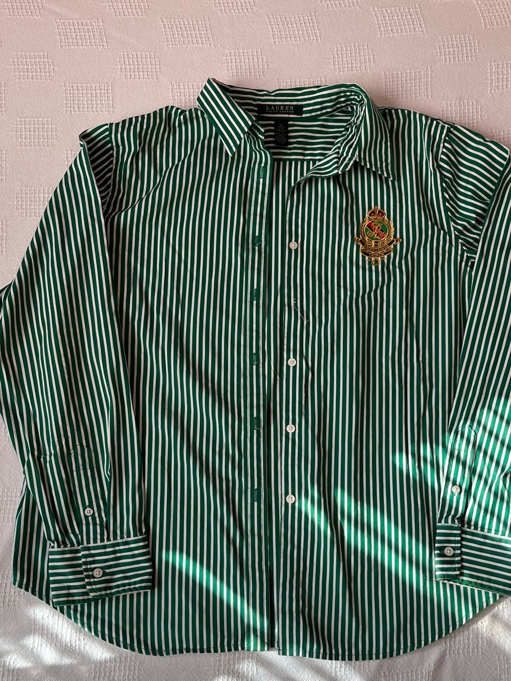 Ralph Lauren Green and White Striped Crest Button-Down Shirt